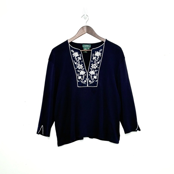 Lauren Ralph Lauren Embroidered 100% Cotton Top Floral Navy Blue Plus Sz 2X - Picture 1 of 6
